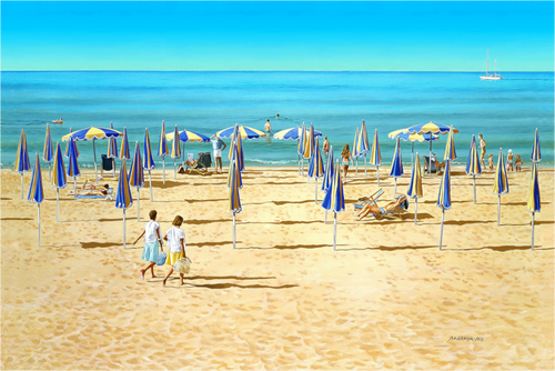 Une plage, le matin, se remplit petit à petit près de la mer et les parasols s'ouvrent comme sur une partition.