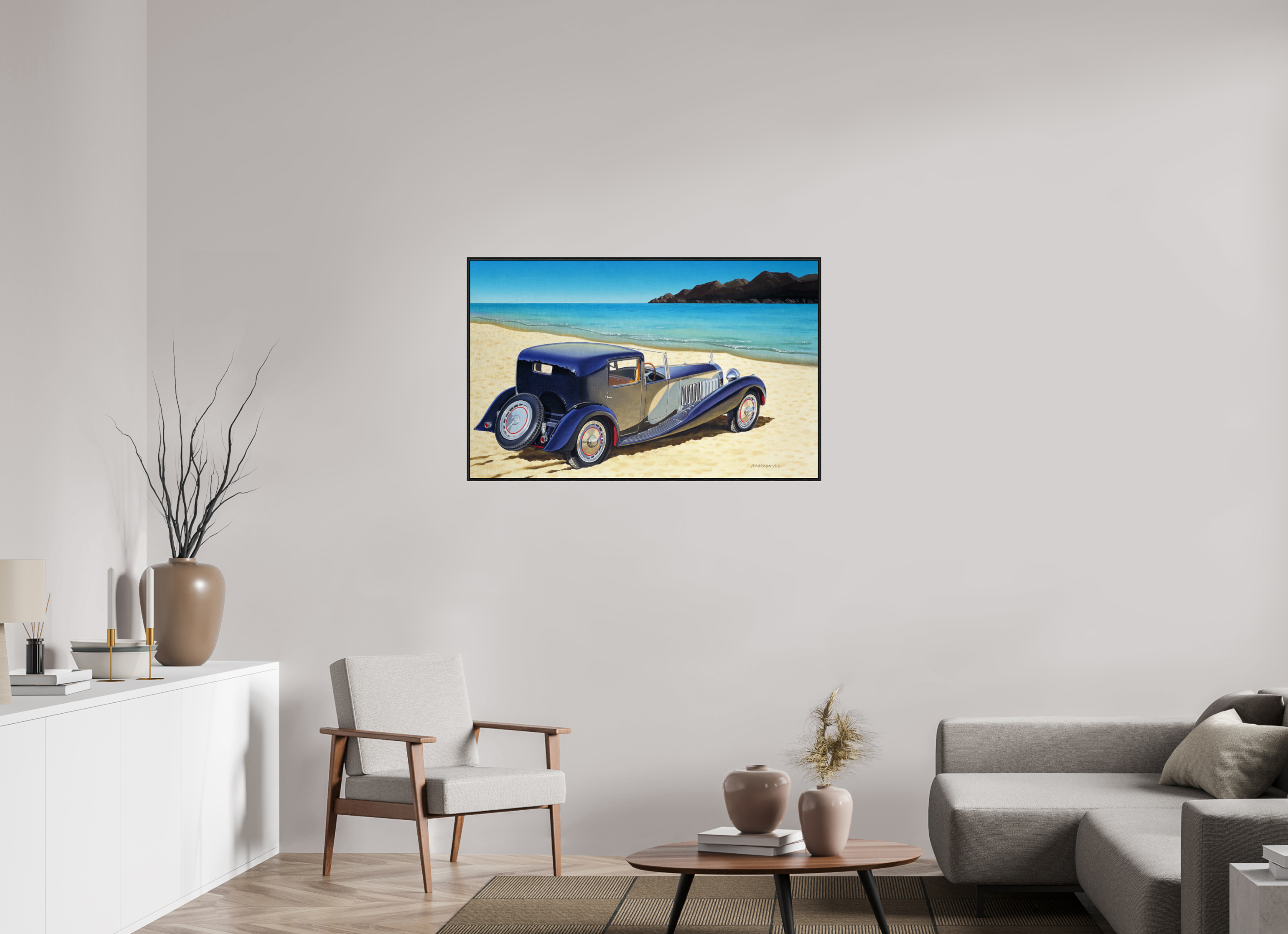 112 x 70 cm, Sur Alu Dibond Mat Cadre 6mm noir Plage royale.