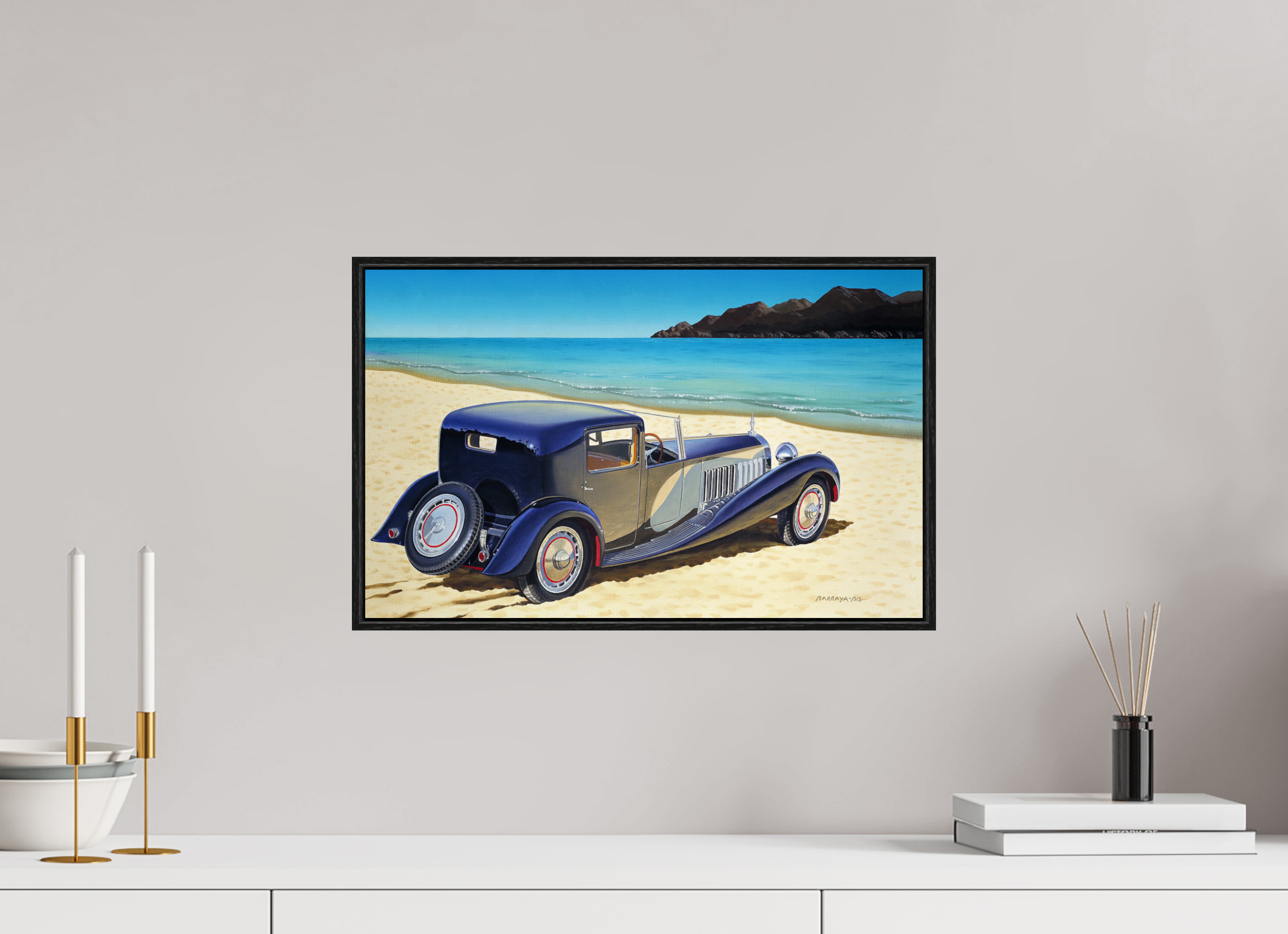 48 x 30 cm, Sur Alu Dibond Mat Cadre 6mm noir Plage royale.