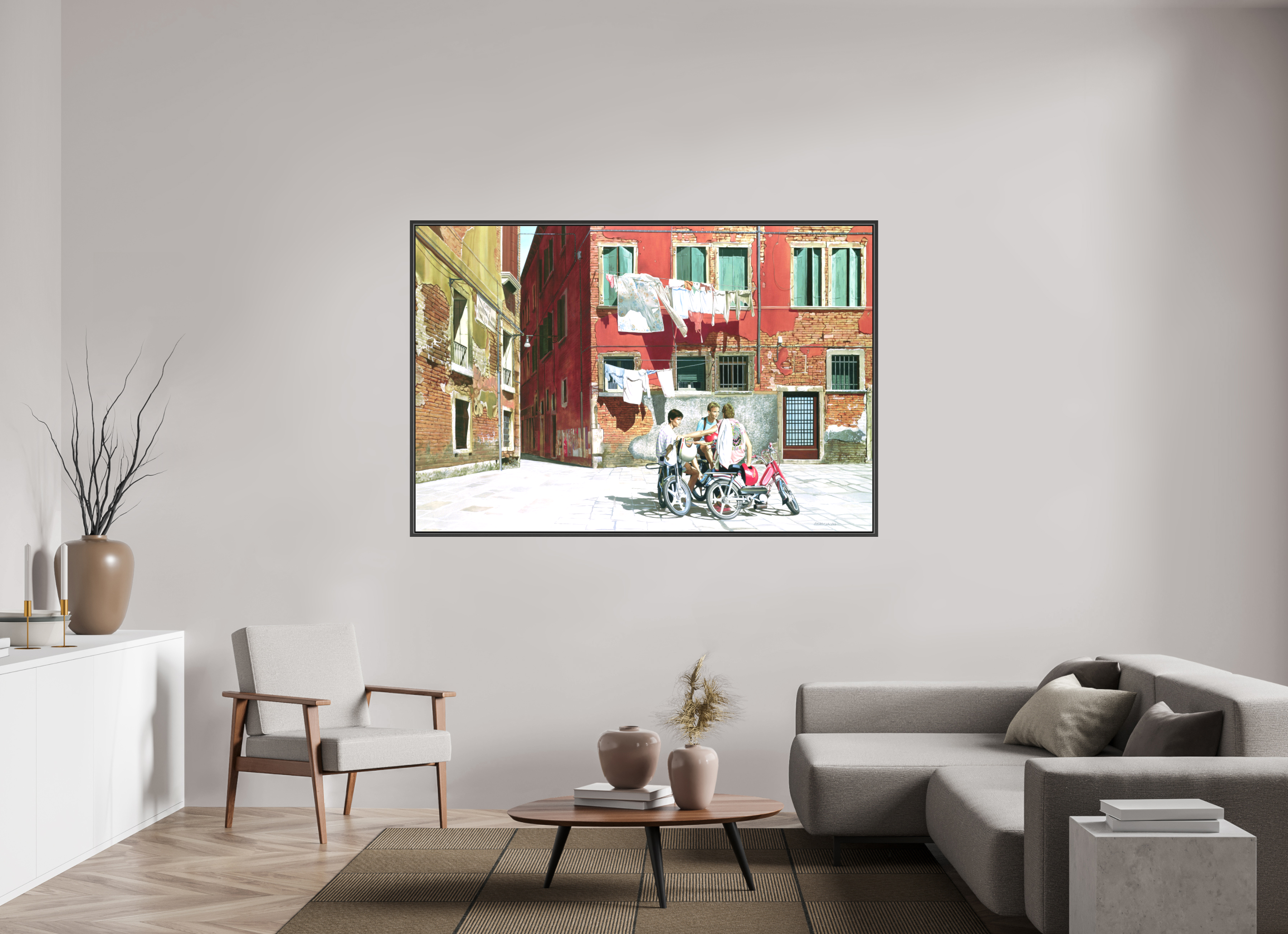 180 x 120 cm, Toile mate sur châssis 2cm cadre 15mm noir Sur la grande Place.