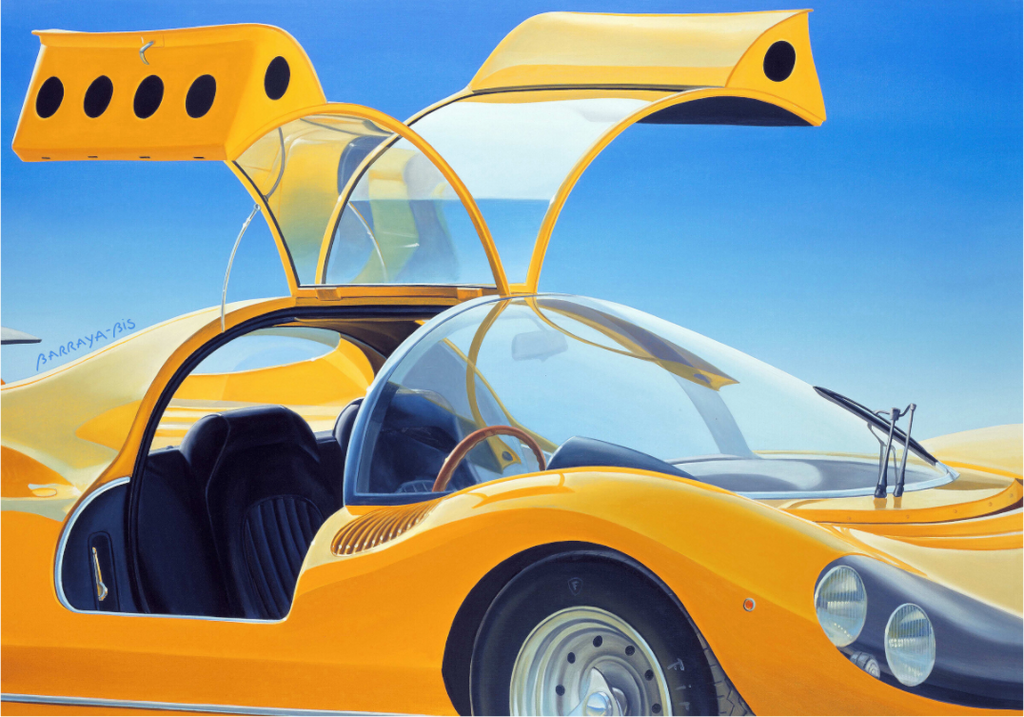 Auto-portait-Ferrari-papillon.. Gros plan sur un prototype de Ferrari jaune (Couleur des Dino) en plein soleil. / Barraya-bis
