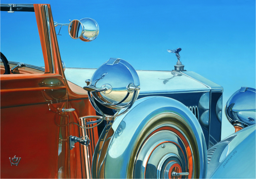 Auto-portrait-Rolls des Maharajah. En argent massif, elle doit coûter une fortune.  La plage se reflète dans sa carrosserie/ Barraya-Bis