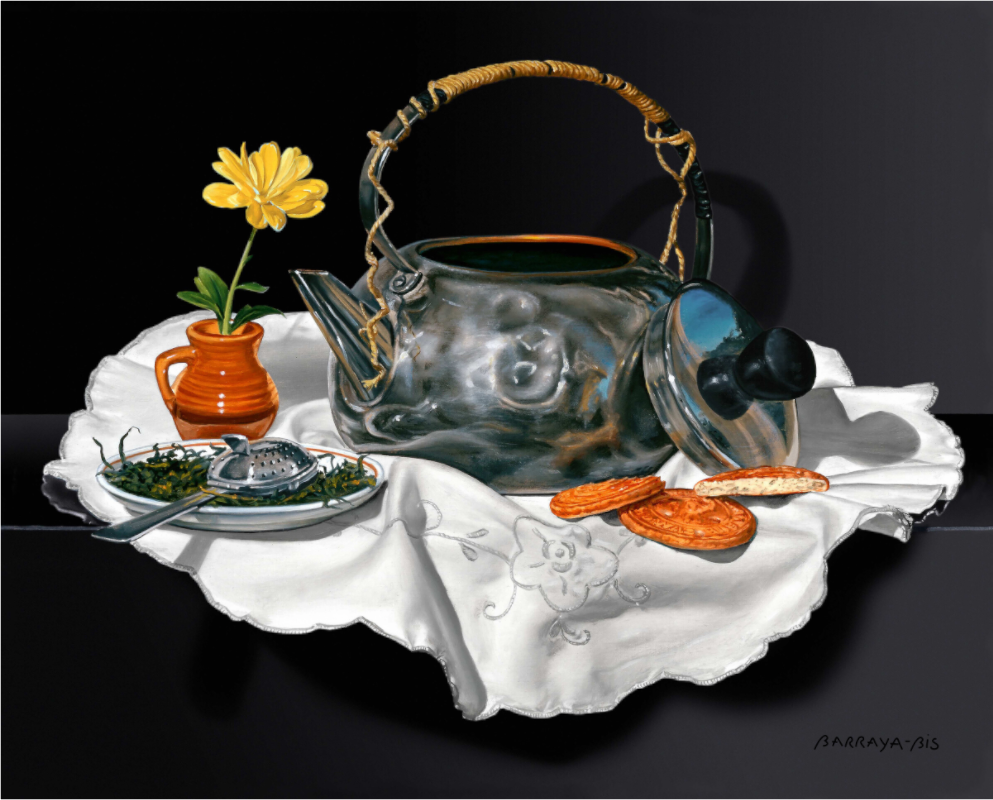 Sur la table, une vieille théière cabossée évoque des souvenirs d'un passé lointain, comme si le temps s'était arrêté hier (En effet, "c'est théière"). / BARRAYA-BIS