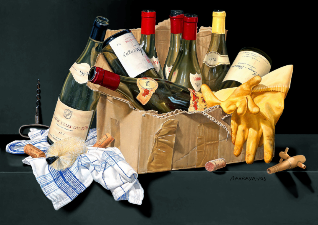 Au milieu des restes d'une fête mémorable, un vieux carton en décomposition contient encore des bouteilles de grands crus de Bourgogne. / Barraya-bis