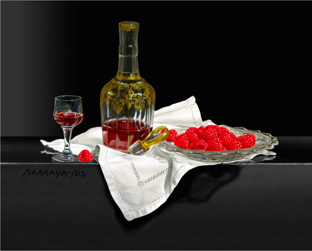 Sur une nappe ajourée, une délicieuse assiette de framboises illumine la table de son rouge éclatant. À côté, un verre de Bourgogne, parfaitement décanté d'une vieille carafe dorée, attend patiemment d'être savouré. 