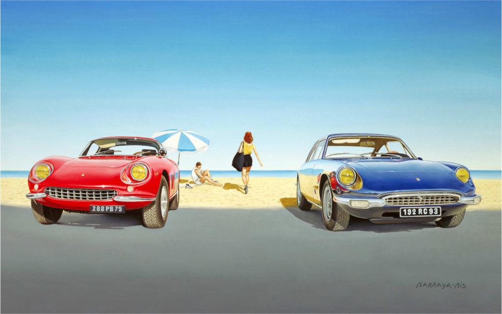 Ferrari-rêve. un tableau hyperréalisme. Il s'agit de deux Ferreri au bord d'une plage en plein soleil. Et deux personnages en Rendez-vous. / Barraya-bis