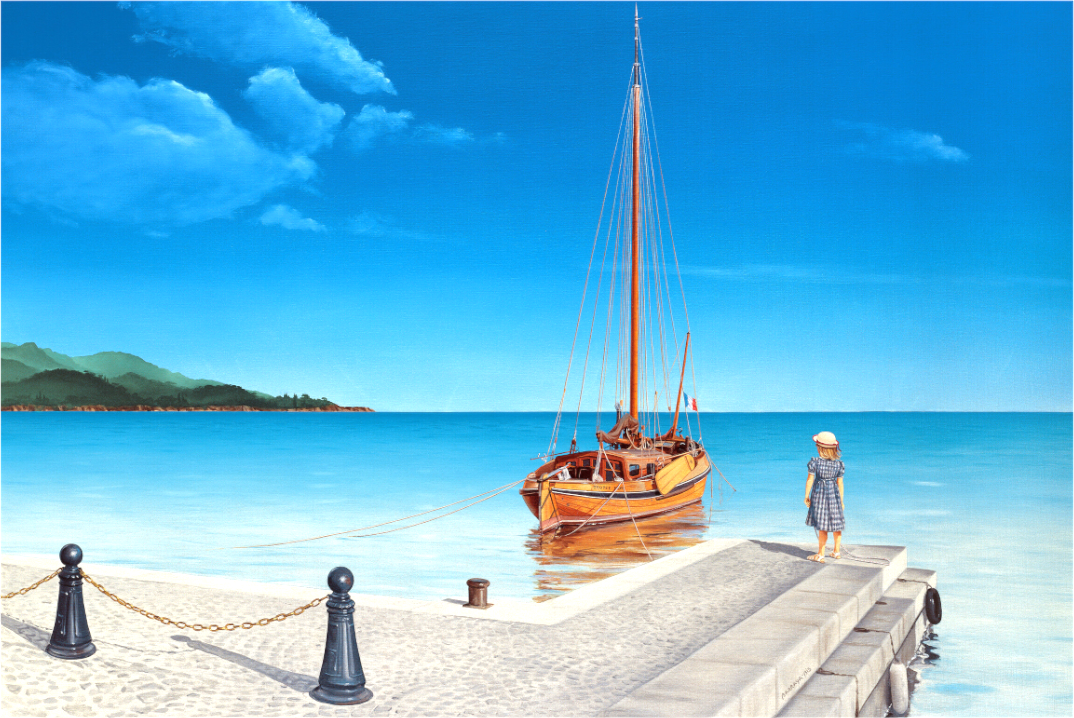 Sur les quais, une petite fille admire un étrange bateau, insolite dans un paysage méditerranéen. Le Grand Trotse-Paw. Impression sur toile 180 x 120 cm