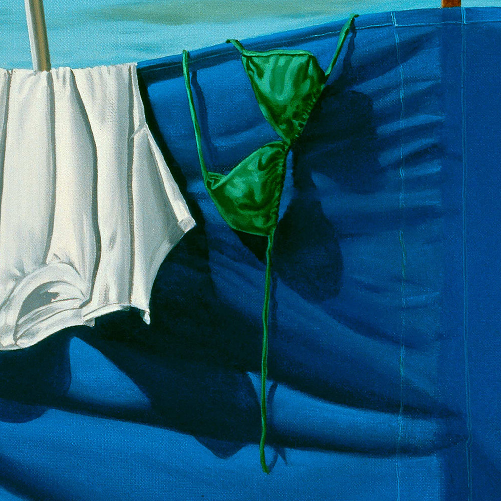 Grand jeux de plage.Détail du paravent bleu.