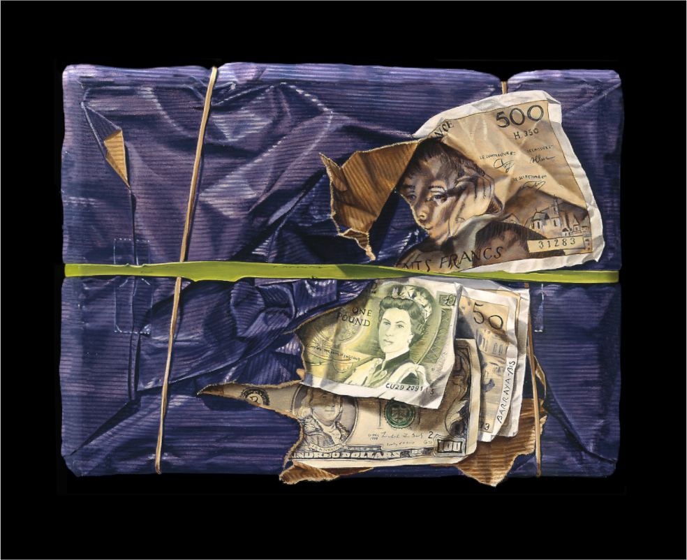 Un paquet en kraft bleu contient des billets anciens de toutes nationalités en Trompe l'œil.