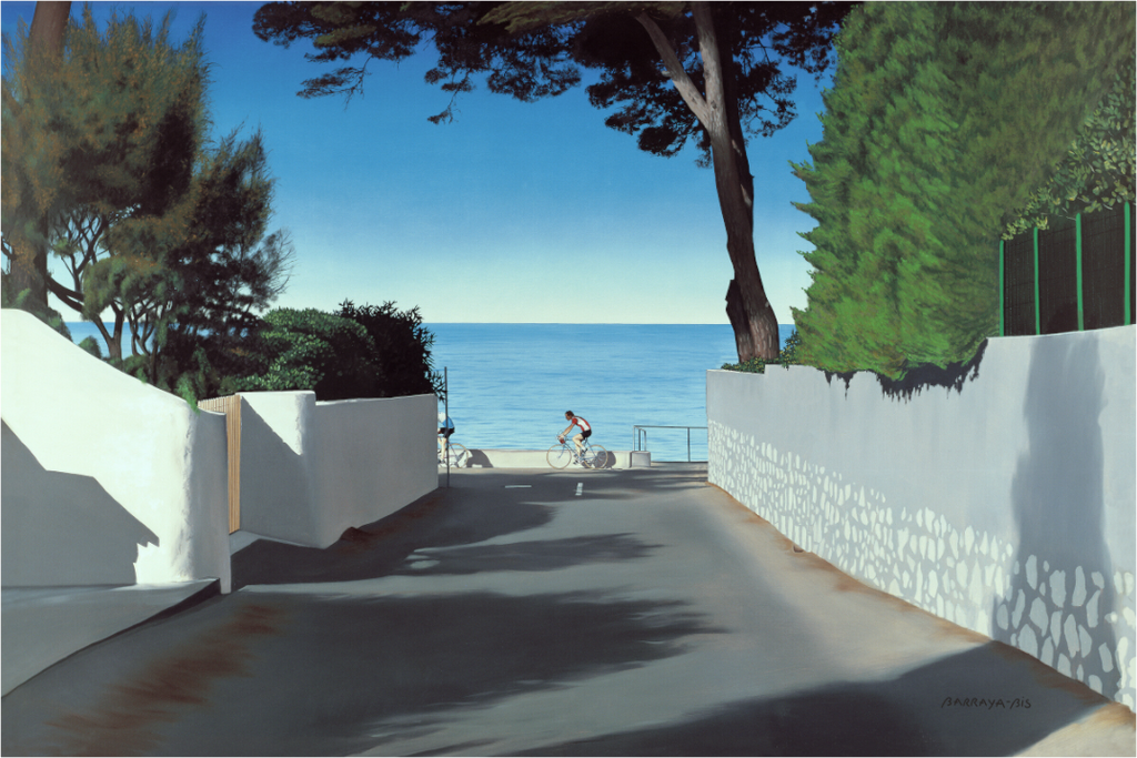 Le chemin d es ondes. Tableau moderne réaliste.Un chemin qui descend sur la plage. avec deux cyclistes du dimanche. Impression sur Alu Dibond./Barraya-bis
