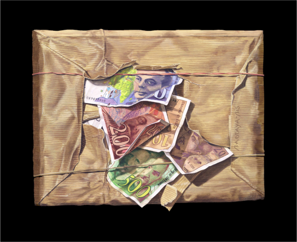 Un paquet en kraft contient des billets anciens français Trompe l'œil.