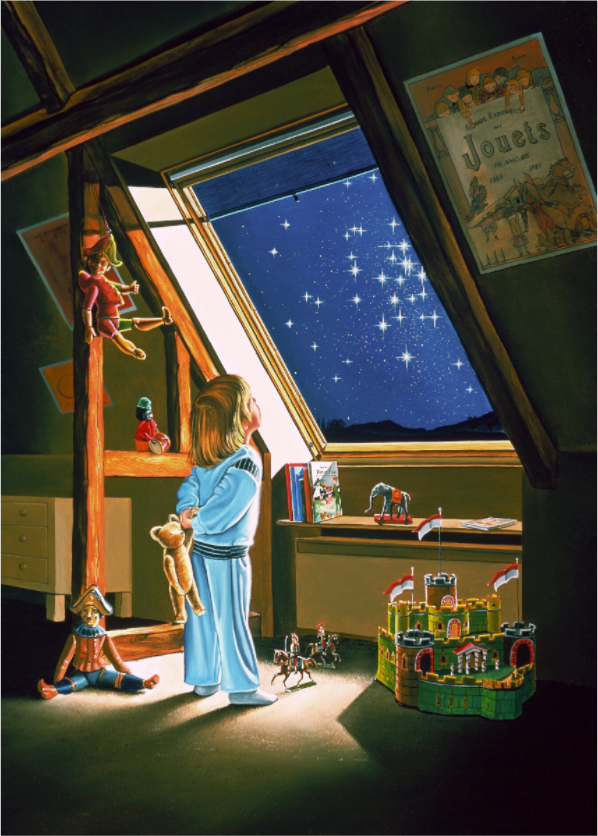 un petit garçon, le regard fixé vers le ciel à travers le Velux, dans le grenier. Autour de lui, le vieux château fort, aux couleurs vives, les chevaux et leurs cavaliers. Un rêve.