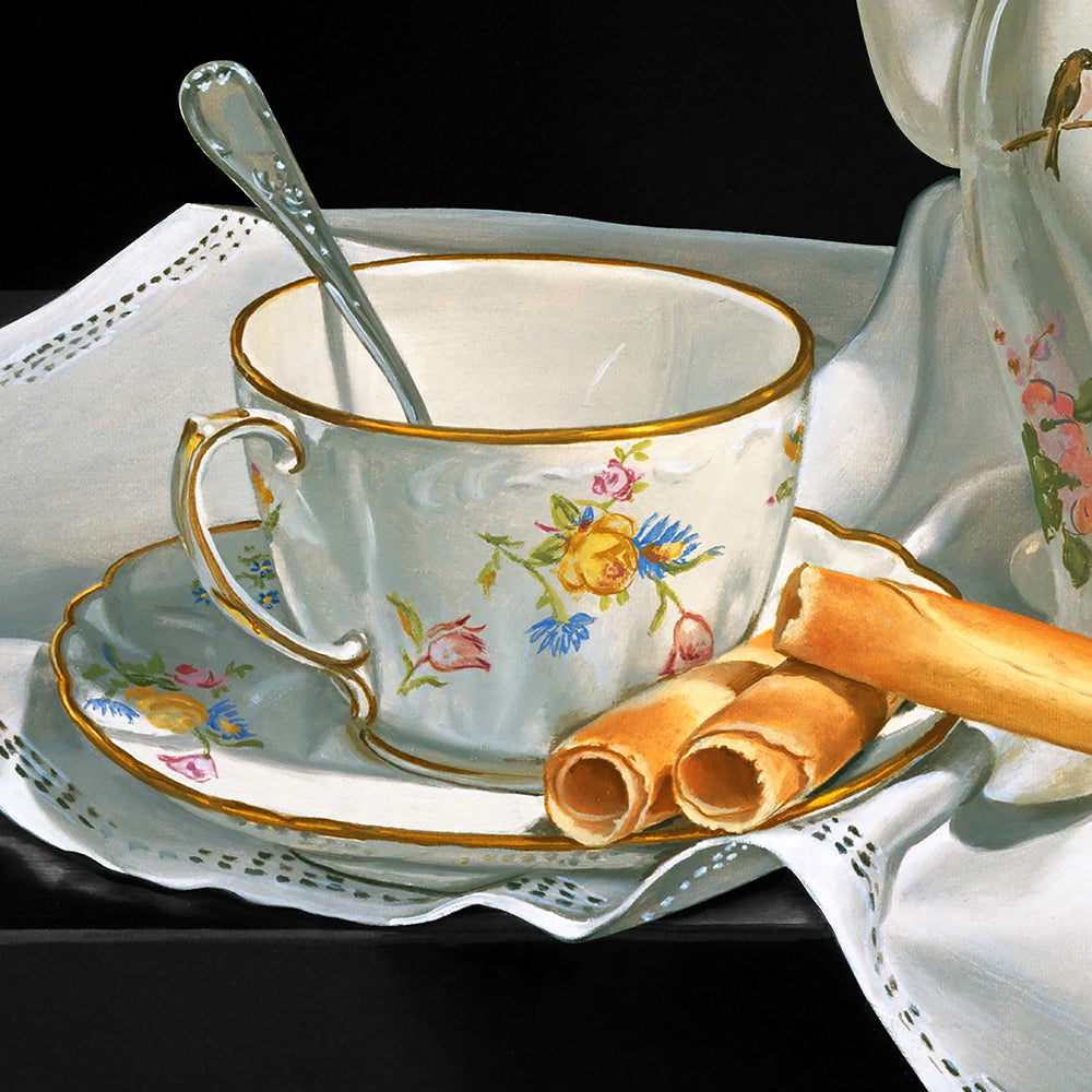 Détail sur la, belle tasse du petit déjeuner avec des cigarettes russes.Tabeau réaliste de BARRAYA-BIS. Titre : Ronron