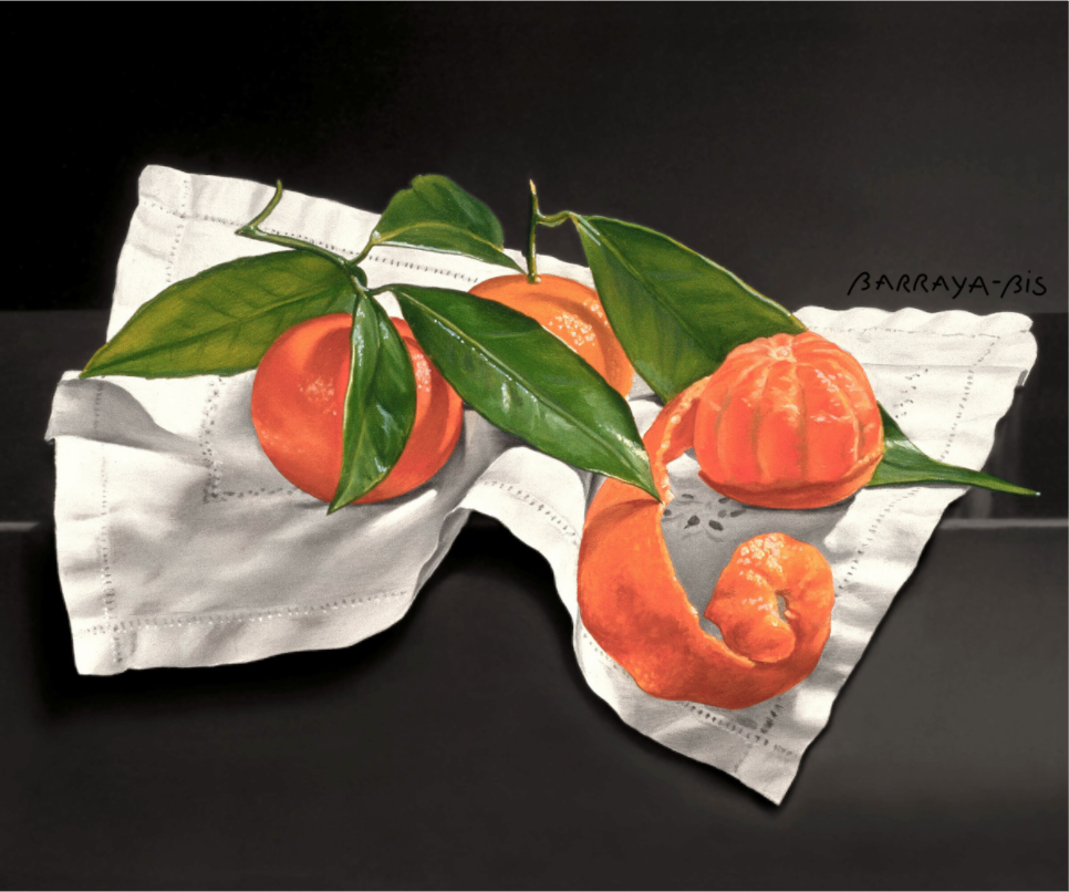 des mandarines sur une nappe blanche.
