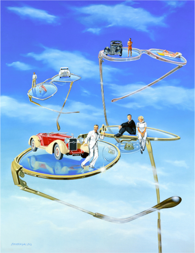Image principale de Tap-Dance.. Fred Astaire dance sur des lunettes qui flottent dans le ciel. Trois univers avec des voitures anciennes différentesTableau surréaliste de Barraya. / Barraya-bis
