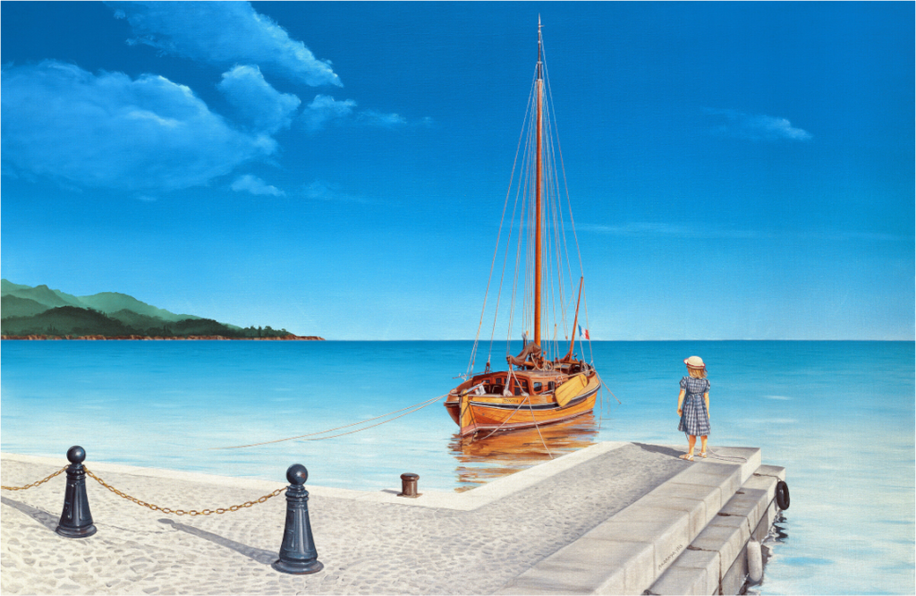 Une petite fille regarde un bateau mystérieux ancré devant un paysage de rêve.