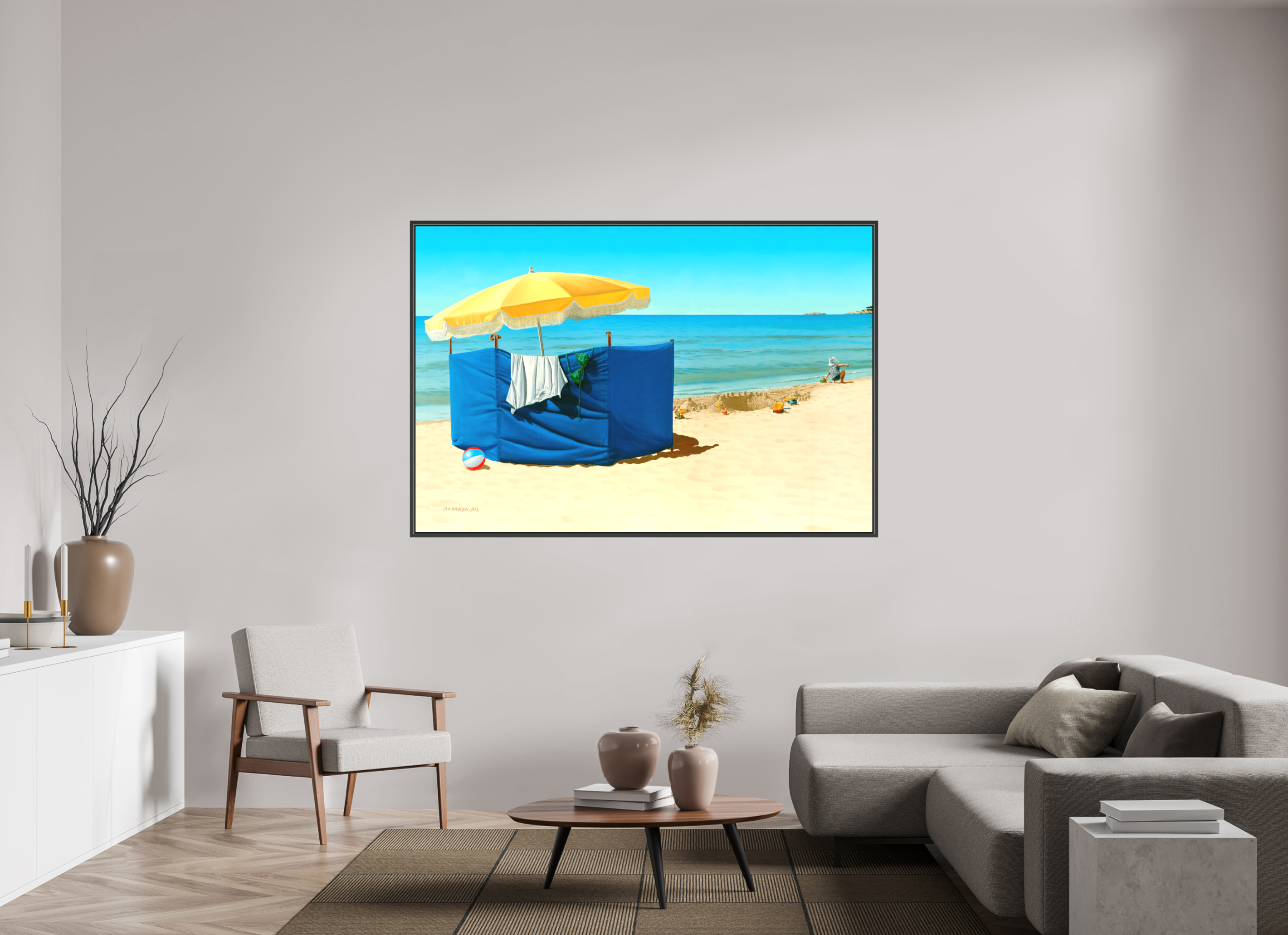 180 x 120 cm, Toile mate sur châssis 2cm cadre 15mm noir Grand jeux de plage.